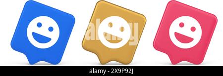 Smiley emoticon comic face emoji button laughing social network reaction happy expression 3d realistic speech bubble blue gold and pink icons. Good mo Stock Vector