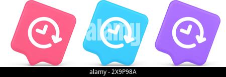 Clock in circle arrow button time countdown deadline chronometer 3d realistic speech bubble pink blue and purple icons. Watch timing counter checking Stock Vector
