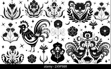 black and white linocut inc folk set. Flower, roosters. Folk art, linocut style. Vintage decorative ornament elements for your design. Vector hand Stock Vector