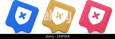 Decline shield button cross mark wrong unsend defense virtual guard 3d realistic speech bubble blue gold and pink icons. Denied cancel element virtual Stock Vector