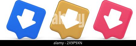 Arrow down button keyboard navigation pointer cyberspace downloading web app 3d realistic speech bubble blue gold and pink icons. Application user int Stock Vector