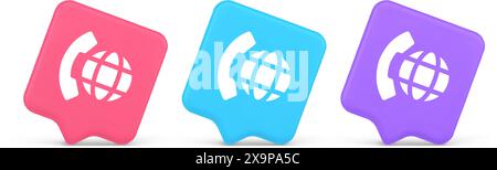 Phone call international global communication button cyberspace dialogue conversation 3d realistic speech bubble pink blue and purple icons. Telephone Stock Vector