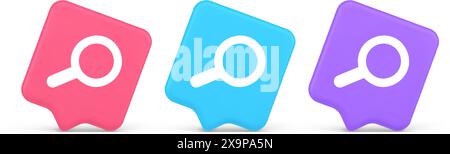 Browsing internet searching button magnifying glass analyzing information 3d realistic speech bubble pink blue and purple icons. Online browse detecti Stock Vector