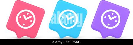 Alarm clock time countdown button deadline measurement 3d realistic speech bubble pink blue and purple icons. Round timer with arrow for hours minute Stock Vector