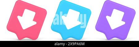Arrow down button keyboard navigation pointer cyberspace downloading web app 3d realistic speech bubble pink blue and purple icons. Application user i Stock Vector