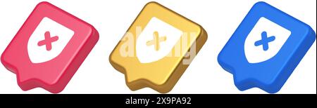 Decline shield button cross mark wrong unsend defense virtual guard 3d realistic speech bubble blue gold and pink icons. Denied cancel element virtual Stock Vector