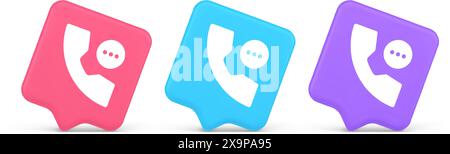 Phone consulting live chat emergency help assistance button web app design 3d realistic speech bubble pink blue and purple icons. Telephone helpline c Stock Vector