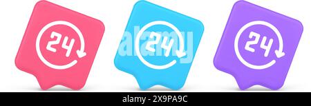 24 hours circle arrow button always available assistance service 3d realistic speech bubble pink blue and purple icons. Helpline helpdesk goods delive Stock Vector