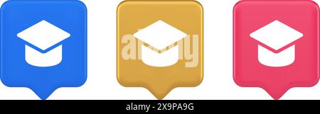 Graduation cap academic education e learning button wisdom knowledge 3d realistic speech bubble blue gold and pink icons. College university achieveme Stock Vector