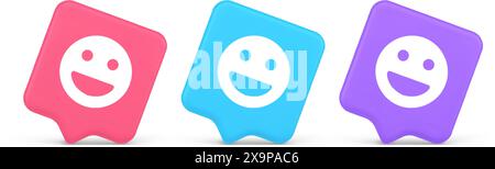 Smiley emoticon comic face emoji button laughing social network reaction happy expression 3d realistic speech bubble pink blue and purple icons. Good Stock Vector