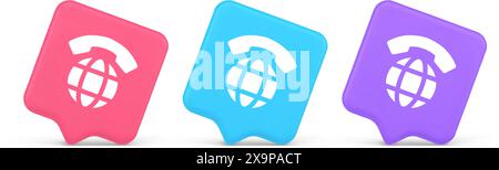 Global phone communication button internet telephone connection 3d realistic speech bubble pink blue and purple icons. World helpdesk virtual cyberspa Stock Vector