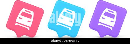 Train railway subway locomotive button rail passenger transportation travel 3d realistic speech bubble pink blue and purple icons. Railroad engine tra Stock Vector
