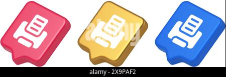 Printer machine device for paper document print button ink printout technology 3d realistic speech bubble blue gold and pink icons. Press text office Stock Vector