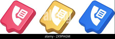 Phone book contact numbers list button search voice communication 3d realistic speech bubble blue gold and pink icons. Telephone organizer service cel Stock Vector