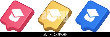 Graduation cap academic education e learning button wisdom knowledge 3d realistic speech bubble blue gold and pink icons. College university achieveme Stock Vector