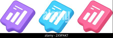 Bar graph business analyzing button diagram profit progress increase stock market stats 3d realistic speech bubble purple blue and pink icons. Chart e Stock Vector