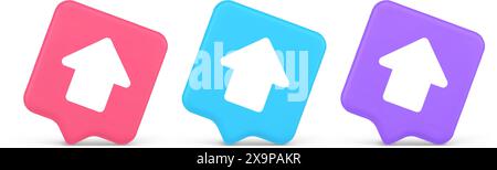 Arrow up button directional pointer cyberspace cursor 3d realistic speech bubble pink blue and purple icons. Upward click web app design control keybo Stock Vector