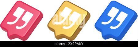 Quotes mark button chat comment cyberspace conversation dialogue 3d realistic speech bubble blue gold and pink icons. Quotation sign internet discussi Stock Vector
