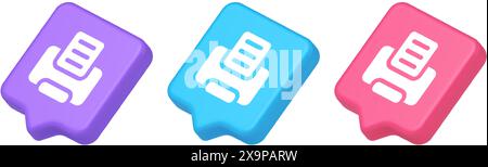 Printer machine device for paper document print button ink printout technology 3d realistic speech bubble purple blue and pink icons. Press text offic Stock Vector
