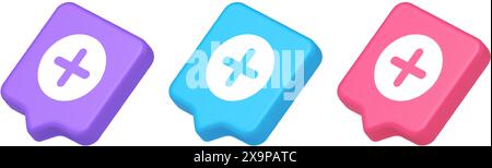 Plus add button mathematical addition symbol 3d realistic speech bubble purple blue and pink icons. Calculation math user interface panel accounting d Stock Vector