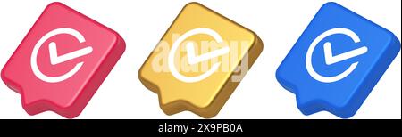 Checkmark in circle done approved button ok acceptance positive vote enter 3d realistic speech bubble blue gold and pink icons. Check mark complete ag Stock Vector
