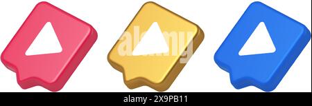 Play button triangle right arrow multimedia content player web app design 3d realistic speech bubble blue gold and pink icons. Audio video media start Stock Vector