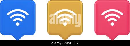 Wi fi internet connection button high speed wireless cyberspace digital network 3d realistic speech bubble blue gold and pink icons. Wifi zone remote Stock Vector
