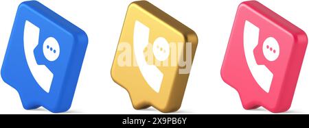Phone consulting live chat emergency help assistance button web app design 3d realistic speech bubble blue gold and pink icons. Telephone helpline com Stock Vector