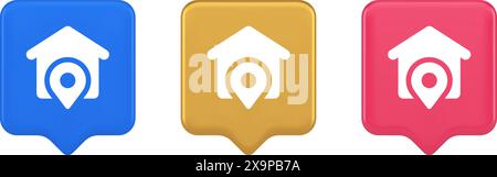 House location GPS route button distance navigation map pin pointer address direction 3d realistic speech bubble blue gold and pink icons. Real estate Stock Vector
