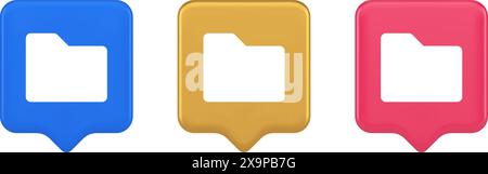 File folder archive directory button cyberspace digital document storage organizing 3d realistic speech bubble blue gold and pink icons. Data informat Stock Vector
