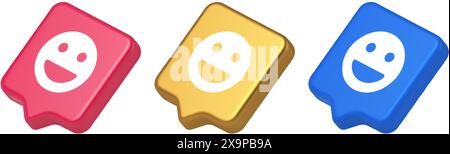 Smiley emoticon comic face emoji button laughing social network reaction happy expression 3d realistic speech bubble blue gold and pink icons. Good mo Stock Vector