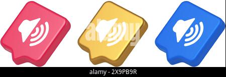 Volume sound button speaker acoustic level noise wave control 3d realistic speech bubble blue gold and pink icons. Stereo broadcasting loudspeaker pla Stock Vector