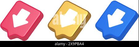 Arrow down button keyboard navigation pointer cyberspace downloading web app 3d realistic speech bubble blue gold and pink icons. Application user int Stock Vector
