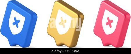 Decline shield button cross mark wrong unsend defense virtual guard 3d realistic speech bubble blue gold and pink icons. Denied cancel element virtual Stock Vector