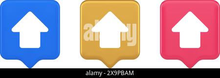 Arrow up button directional pointer cyberspace cursor 3d realistic speech bubble blue gold and pink icons. Upward click web app design control keyboar Stock Vector