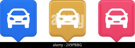 Car automobile button urban travel traffic transportation drive rent repair 3d realistic speech bubble blue gold and pink icons. Auto vehicle journey Stock Vector