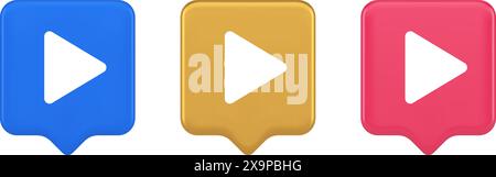 Play button triangle right arrow multimedia content player web app design 3d realistic speech bubble blue gold and pink icons. Audio video media start Stock Vector