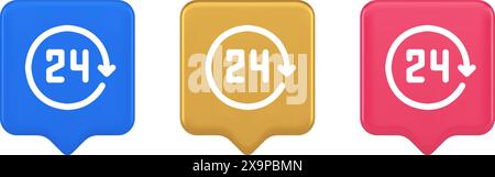 24 hours circle arrow button always available assistance service 3d realistic speech bubble blue gold and pink icons. Helpline helpdesk goods delivery Stock Vector