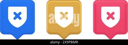 Decline shield button cross mark wrong unsend defense virtual guard 3d realistic speech bubble blue gold and pink icons. Denied cancel element virtual Stock Vector