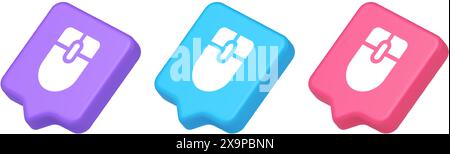 Mouse computer scrolling device cursor button click control cyberspace interface 3d realistic speech bubble purple blue and pink icons. Online scrolli Stock Vector