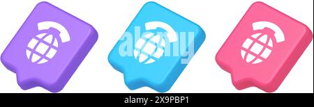 Global communication internet call connection button planet with handset 3d realistic speech bubble purple blue and pink icons. Remotely cyberspace te Stock Vector
