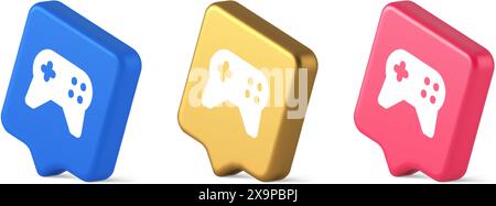 Gamepad controller virtual gaming connect button joystick joypad web app 3d realistic speech bubble blue gold and pink icons. Electronic control gamin Stock Vector