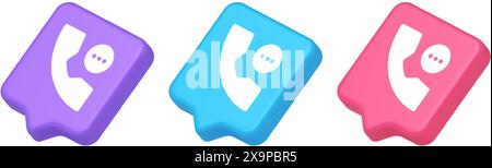 Phone consulting live chat emergency help assistance button web app design 3d realistic speech bubble purple blue and pink icons. Telephone helpline c Stock Vector
