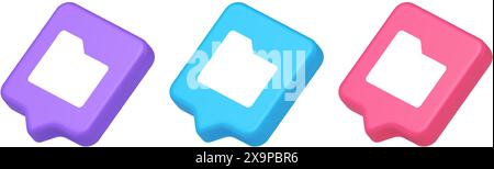 File folder archive directory button cyberspace digital document storage organizing 3d realistic speech bubble purple blue and pink icons. Data inform Stock Vector
