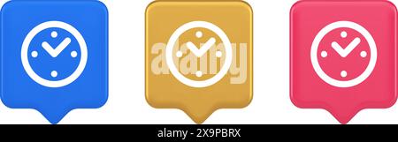 Alarm clock time countdown button deadline measurement 3d realistic speech bubble blue gold and pink icons. Round timer with arrow for hours minute ac Stock Vector