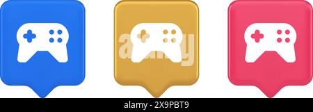 Gamepad controller virtual gaming connect button joystick joypad web app 3d realistic speech bubble blue gold and pink icons. Electronic control gamin Stock Vector