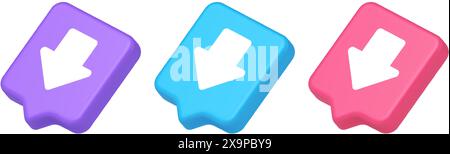 Arrow down button keyboard navigation pointer cyberspace downloading web app 3d realistic speech bubble purple blue and pink icons. Application user i Stock Vector