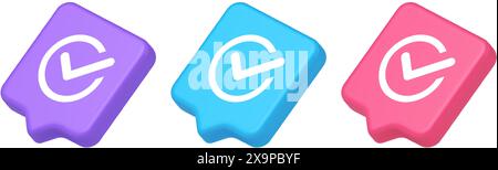 Checkmark in circle done approved button ok acceptance positive vote enter 3d realistic speech bubble purple blue and pink icons. Check mark complete Stock Vector