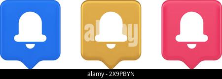 Handbell ring sound notification button incoming message call notification 3d realistic speech bubble blue gold and pink icons. Bell incoming audio si Stock Vector