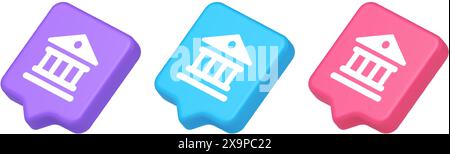 Museum antique building columns button gallery mythology civilization house 3d realistic speech bubble purple blue and pink icons. Courthouse ancient Stock Vector